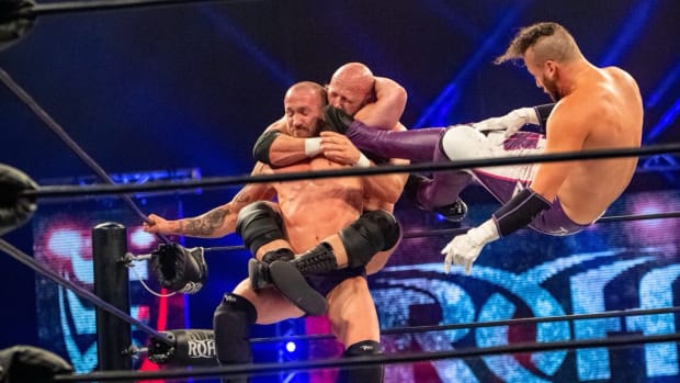 Ring of Honor's Matt Taven delivers a flying kick