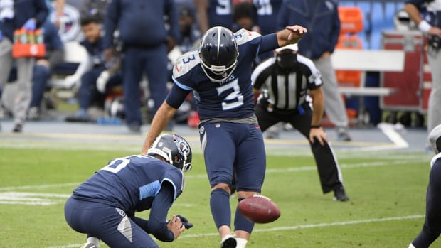 Tennessee Titans kicker Stephen Gostkowski (3) kicks the extra point to tie the game with four seconds left on the clock in regulation during the second half at Nissan Stadium.