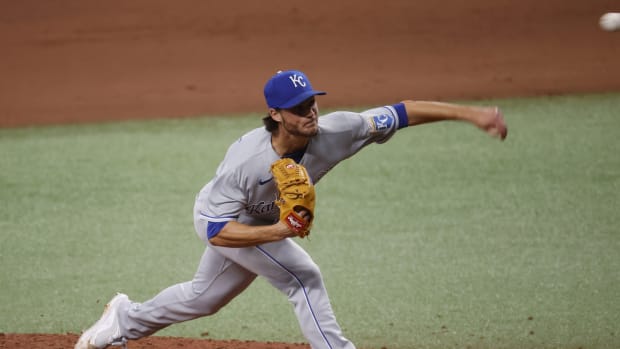May 25, 2021; St. Petersburg, Florida, USA; Kansas City Royals relief pitcher Jake Brentz (59) throws a pitch during the eighth inning against the Tampa Bay Rays at Tropicana Field. Mandatory Credit: Kim Klement-USA TODAY Sports