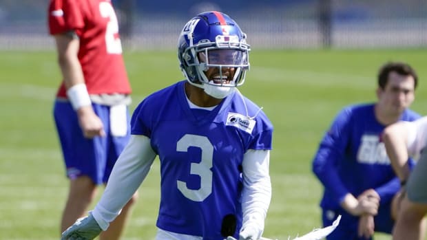 May 27, 2021; East Rutherford, NJ, USA; New York Giants wide receiver Sterling Shepard (3) dances during the Giants OTA practice at the Quest Diagnostic Training Center.