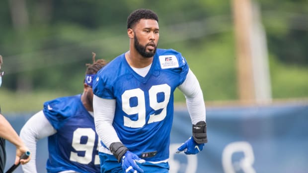May 27, 2021; Indianapolis, Indiana, USA; Indianapolis Colts defensive tackle DeForest Buckner (99) works out during Indianapolis Colts OTAs. Mandatory Credit: Trevor Ruszkowski-USA TODAY Sports