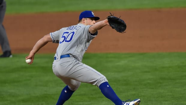 May 28, 2021; Minneapolis, Minnesota, USA; Kansas City Royals starting pitcher Kris Bubic (50) throws a pitch against the Minnesota Twins during the fifth inning at Target Field. Mandatory Credit: Jeffrey Becker-USA TODAY Sports