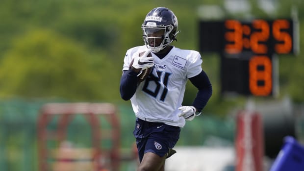 Tennessee Titans wide receiver Racey McMath runs a drill during NFL football rookie minicamp Saturday, May 15, 2021, in Nashville, Tenn.