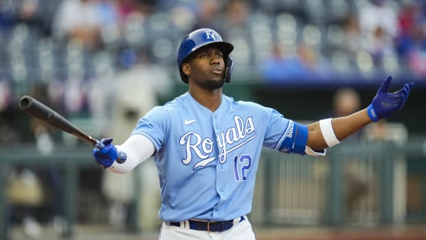 May 22, 2021; Kansas City, Missouri, USA; Kansas City Royals designated hitter Jorge Soler (12) reacts after a pitch during the seventh inning against the Detroit Tigers at Kauffman Stadium. Mandatory Credit: Jay Biggerstaff-USA TODAY Sports