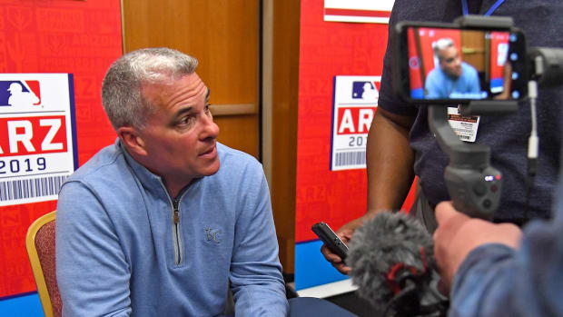 Feb 19, 2019; Glendale, AZ, USA; Kansas City Royals Senior Vice President of Baseball Operations and General Manager Dayton Moore speaks to the media during spring training media day at the Glendale Civic Center. Mandatory Credit: Jayne Kamin-Oncea-USA TODAY Sports