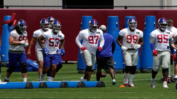 The New York Giants defensive line works out during Giants minicamp at Quest Diagnostics Training Center on Tuesday, June 8, 2021, in East Rutherford. Nyg Minicamp