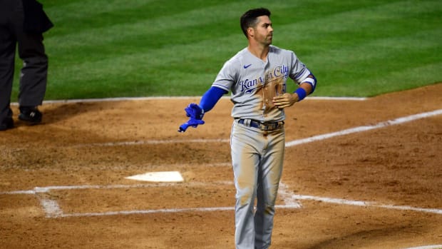 Jun 8, 2021; Anaheim, California, USA; Kansas City Royals second baseman Whit Merrifield (15) reacts after striking out to end the top of the fifth inning against the Los Angeles Angels at Angel Stadium. Mandatory Credit: Gary A. Vasquez-USA TODAY Sports