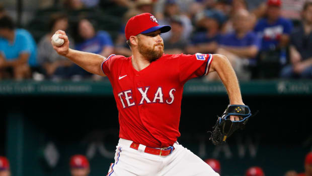 Jun 4, 2021; Arlington, Texas, USA; Texas Rangers relief pitcher Ian Kennedy (31) throws in during the ninth inning against the Tampa Bay Rays at Globe Life Field.