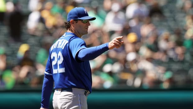 Jun 12, 2021; Oakland, California, USA; Kansas City Royals manager Mike Matheny (22) signals for a pitching change during the fifth inning against the Oakland Athletics at RingCentral Coliseum. Mandatory Credit: Darren Yamashita-USA TODAY Sports