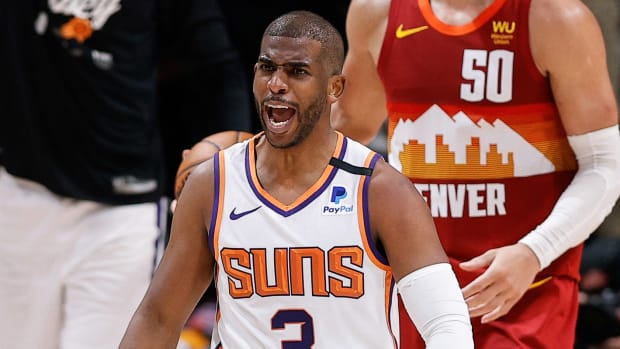 Phoenix Suns guard Chris Paul (3) reacts after a play in the fourth quarter against the Denver Nuggets during game four in the second round of the 2021 NBA Playoffs at Ball Arena.