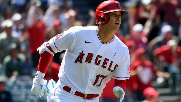 Jun 20, 2021; Anaheim, California, USA; Los Angeles Angels designated hitter Shohei Ohtani (17) hits a two run home run against the Detroit Tigers during the fifth inning at Angel Stadium.