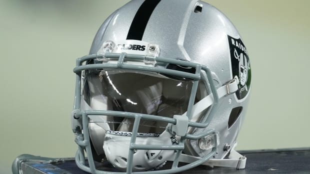 Dec 17, 2020; Paradise, Nevada, USA; A detail shot of a Las Vegas Raiders helmet before a game against Los Angeles Chargers at Allegiant Stadium.