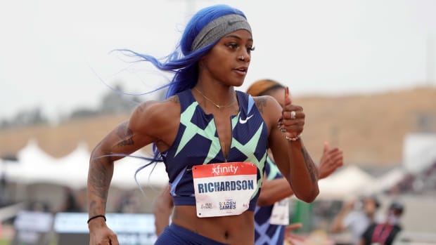 Sha'Carri Richardson (USA) wins women's 100m heat in 10.74 during the USATF Golden Games at Hilmer Lodge Stadium.