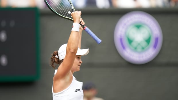 Ashleigh Barty celebrates at Wimbledon.