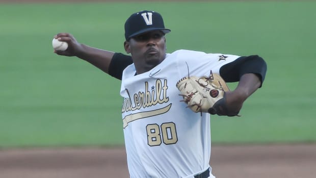 Vanderbilt Commodores pitcher Kumar Rocker (80) pitches in the fourth inning against the Mississippi St. Bulldogs at TD Ameritrade Park.