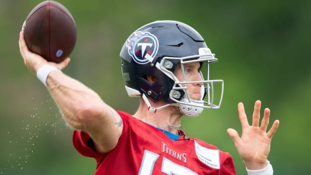 Tennessee Titans quarterback Ryan Tannehill (17) throws a pass during practice at Saint Thomas Sports Park Thursday, June 10, 2021 in Nashville, Tenn.