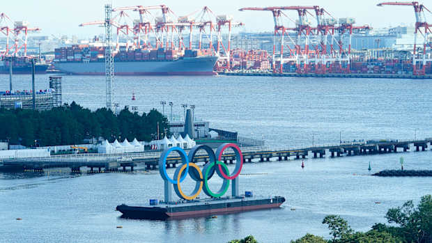 The Olympic logo in the Tokyo Bay.