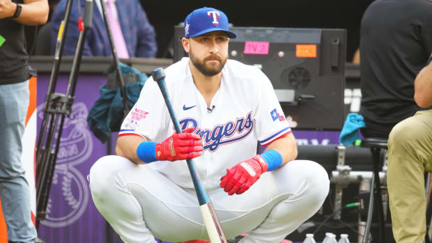Jul 12, 2021; Denver, CO, USA; Texas Rangers right fielder Joey Gallo watches during the 2021 MLB Home Run Derby.
