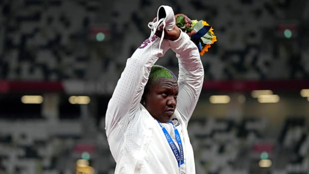 Raven Saunders after winning the silver in shot put at the Tokyo Olympics.