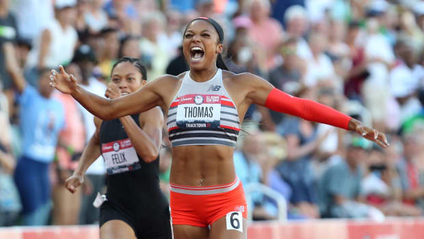 Gabby Thomas, center, wins the women's 200 meters with Allyson Felix, left, in fifth and Jenna Prandini capturing second place for silver during the Olympic Track and Field Trials at Hayward Field.