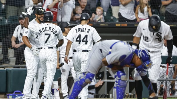 Aug 3, 2021; Chicago, Illinois, USA; Chicago White Sox shortstop Tim Anderson (7) is congratulated by first baseman Jose Abreu (79) after hitting a two-run home run against the Kansas City Royals during the third inning at Guaranteed Rate Field. Mandatory Credit: Kamil Krzaczynski-USA TODAY Sports