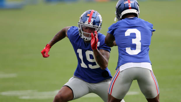 Wide receiver Kenny Golladay (19) and Sterling Shepard, work on drills during Giants practice, in East Rutherford. Thursday, July 29, 2021