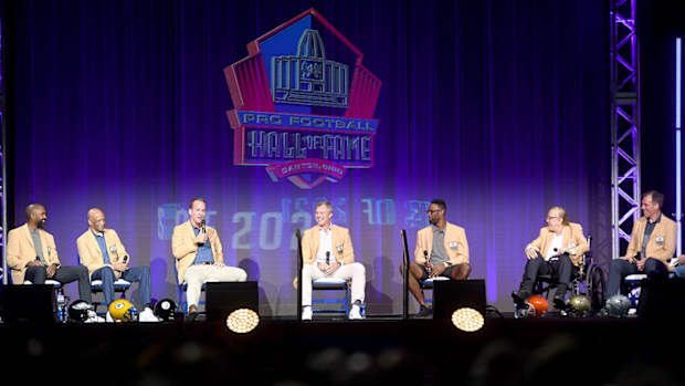 Enshrinees participate in The 2021 Pro Football Hall of Fame Enshrinees' Roundtable at Canton Memorial Civic Center.