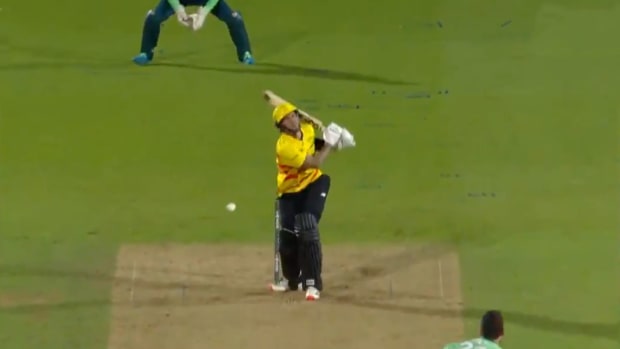Screenshot: Cricket player Alex Hales is hit in the crotch