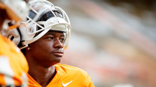 KNOXVILLE, TN - August 12, 2021 - Defensive back Warren Burrell #4 of the Tennessee Volunteers during 2021 Fall Camp practice in Neyland Stadium in Knoxville, TN. Photo By Caleb Jones/Tennessee Athletics