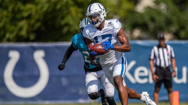Indianapolis Colts wide receiver Mike Strachan (17) grabs an easy catch for a touchdown Friday, Aug. 13, 2021, during a joint practice with the Carolina Panthers. Indianapolis Colts Host Carolina Panthers At Grand Park In Westfield Ind