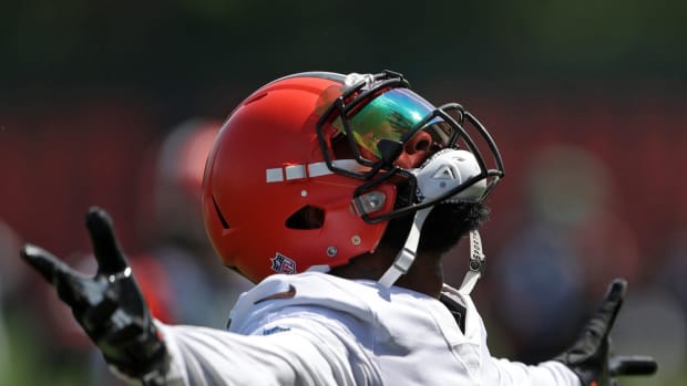 Cleveland Browns wide receiver Odell Beckham Jr. (13) celebrates on the sideline during NFL football practice, Thursday, Aug. 12, 2021, in Berea, Ohio. Brownscamp12 7