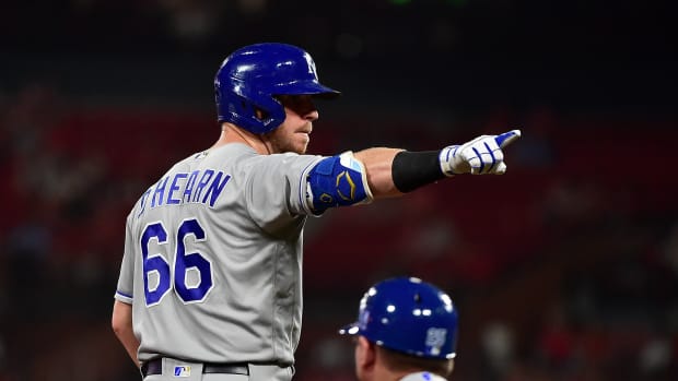 Aug 6, 2021; St. Louis, Missouri, USA; Kansas City Royals right fielder Ryan O'Hearn (66) reacts after hitting a one run triple during the sixth inning against the St. Louis Cardinals at Busch Stadium. Mandatory Credit: Jeff Curry-USA TODAY Sports