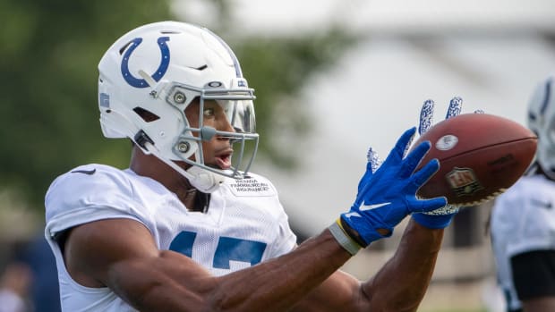 Indianapolis Colts wide receiver Mike Strachan (17) catches a ball during the day's Colts camp practice at Grand Park in Westfield on Wednesday, Aug. 18, 2021. Colts Camp