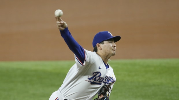 Sep 1, 2021; Arlington, Texas, USA; Texas Rangers Kohei Arihara (35) throws a pitch in the first inning against the Colorado Rockies at Globe Life Field.