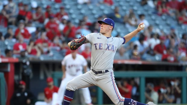 Sep 4, 2021; Anaheim, California, USA; Texas Rangers starting pitcher Kolby Allard (39) throws against the Los Angeles Angels during the first inning at Angel Stadium.