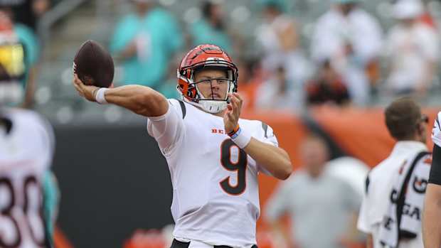 Aug 29, 2021; Cincinnati, Ohio, USA; Cincinnati Bengals quarterback Joe Burrow (9) throws a pass during warmups prior to the game against the Miami Dolphins at Paul Brown Stadium. Mandatory Credit: Katie Stratman-USA TODAY Sports