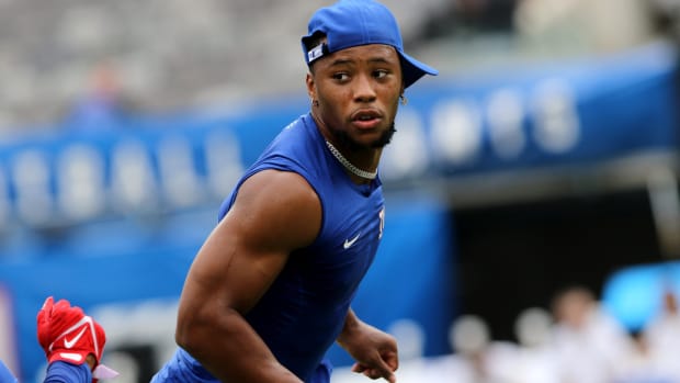 Saquon Barkley, of the New York Giants, is shown before the game, at MetLife Stadium, in East Rutherford.