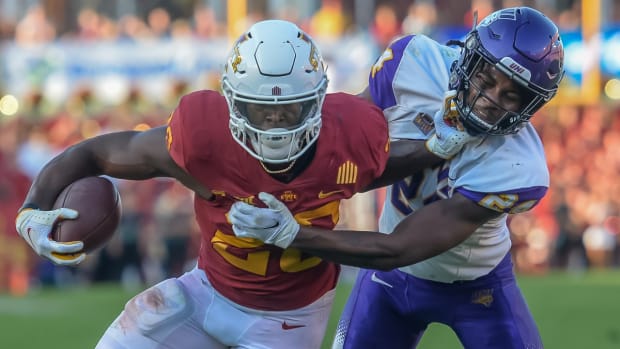 Sep 4, 2021; Ames, Iowa, USA; Iowa State Cyclones running back Breece Hall (28) pushes off Northern Iowa Panthers defensive back Omar Brown (24) in the second half at Jack Trice Stadium. Mandatory Credit: Steven Branscombe-USA TODAY Sports