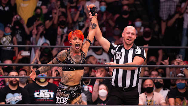 Ruby Soho celebrates after winning her debut match in AEW