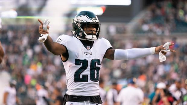 Aug 19, 2021; Philadelphia, Pennsylvania, USA; Philadelphia Eagles running back Miles Sanders (26) is introduced against the New England Patriots at Lincoln Financial Field. Mandatory Credit: Bill Streicher-USA TODAY Sports