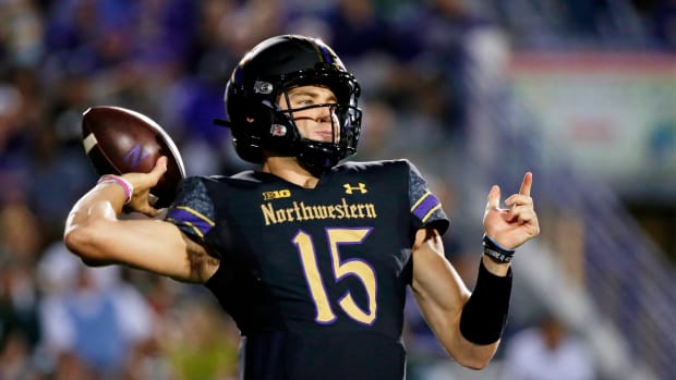 Sep 3, 2021; Evanston, Illinois, USA; Northwestern Wildcats quarterback Hunter Johnson (15) passes the ball against the Michigan State Spartans during the first quarter at Ryan Field. Mandatory Credit: Jon Durr-USA TODAY Sports