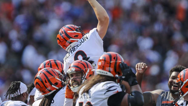 Sep 12, 2021; Cincinnati, Ohio, USA; Cincinnati Bengals kicker Evan McPherson (2) points to the air in celebration after the game winning field goal against the Minnesota Vikings in overtime at Paul Brown Stadium. Mandatory Credit: Katie Stratman-USA TODAY Sports