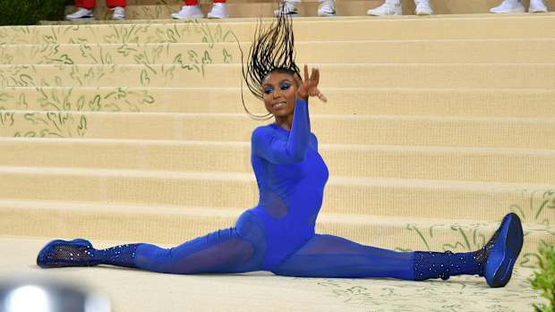 UCLA gymnast Nia Dennis performs a floor routine at the 2021 Met Gala