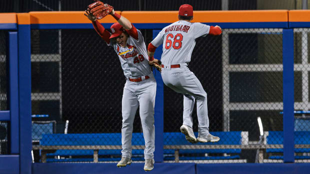 Cardinals' Lars Nootbaar celebrates after robbing a home run