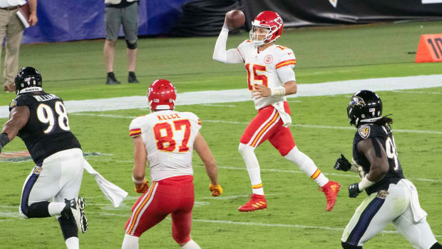 Sep 28, 2020; Baltimore, Maryland, USA; Kansas City Chiefs quarterback Patrick Mahomes (15) throws in the run during the first half against the Baltimore Ravens at M&T Bank Stadium. Mandatory Credit: Tommy Gilligan-USA TODAY Sports