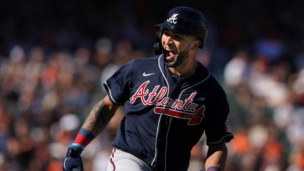 Eddie Rosario reacts after hitting for the cycle.