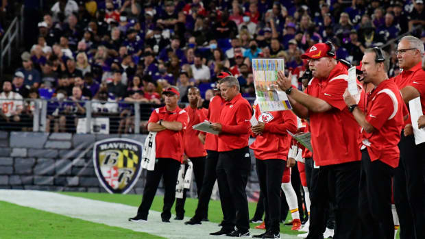 Sep 19, 2021; Baltimore, Maryland, USA; Kansas City Chiefs head coach Andy Reid looks onto the field from the sidelines during the first half against the Baltimore Ravens zat M&T Bank Stadium. Mandatory Credit: Tommy Gilligan-USA TODAY Sports