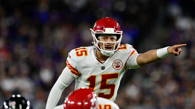 Sep 19, 2021; Baltimore, Maryland, USA; Kansas City Chiefs quarterback Patrick Mahomes (15) calls a play at the line during the first half against the Baltimore Ravens at M&T Bank Stadium. Mandatory Credit: Tommy Gilligan-USA TODAY Sports