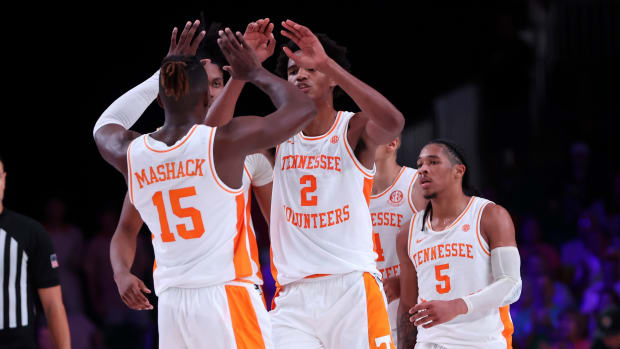 Nov 23, 2022; Paradise Island, BAHAMAS; Tennessee Volunteers guard Jahmai Mashack (15) celebrates with Tennessee Volunteers forward Julian Phillips (2) during the first half against the Butler Bulldogs at Imperial Arena. Mandatory Credit: Kevin Jairaj-USA TODAY Sports