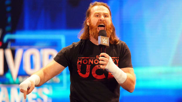 Sami Zayn in an "honorary Uce" shirt on SmackDown